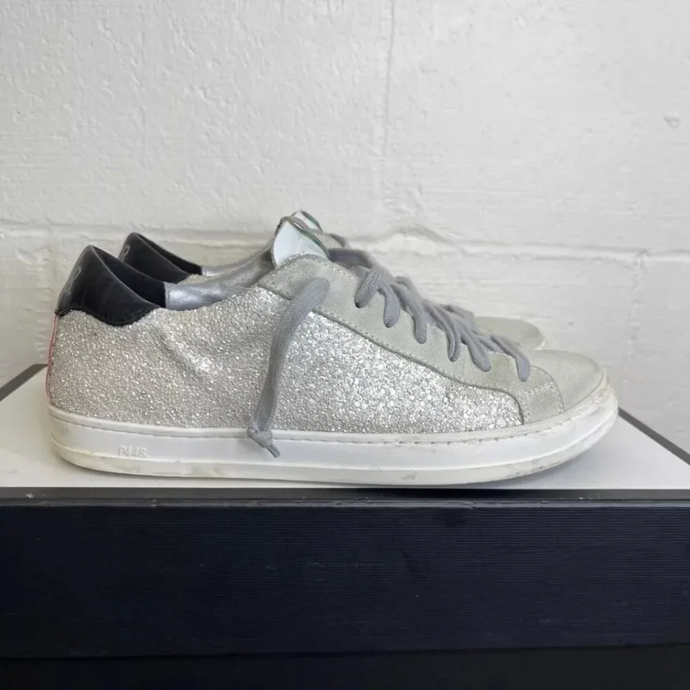P448 Glitter Colorblock Pattern White Grey Silver Sneakers Low Top Women's 38 EU